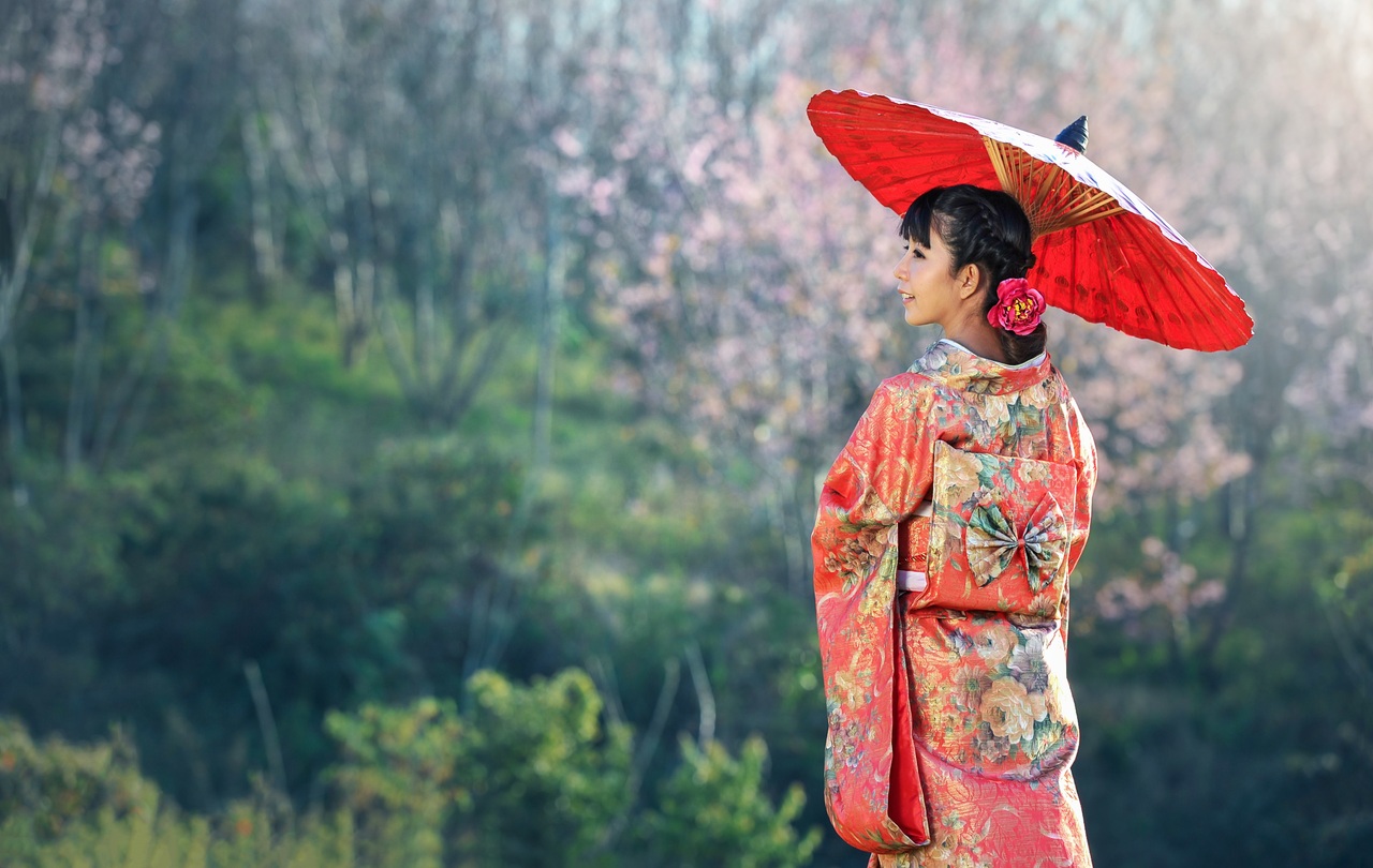 Woman in a kimono with a red parasol in Kyoto, Japan